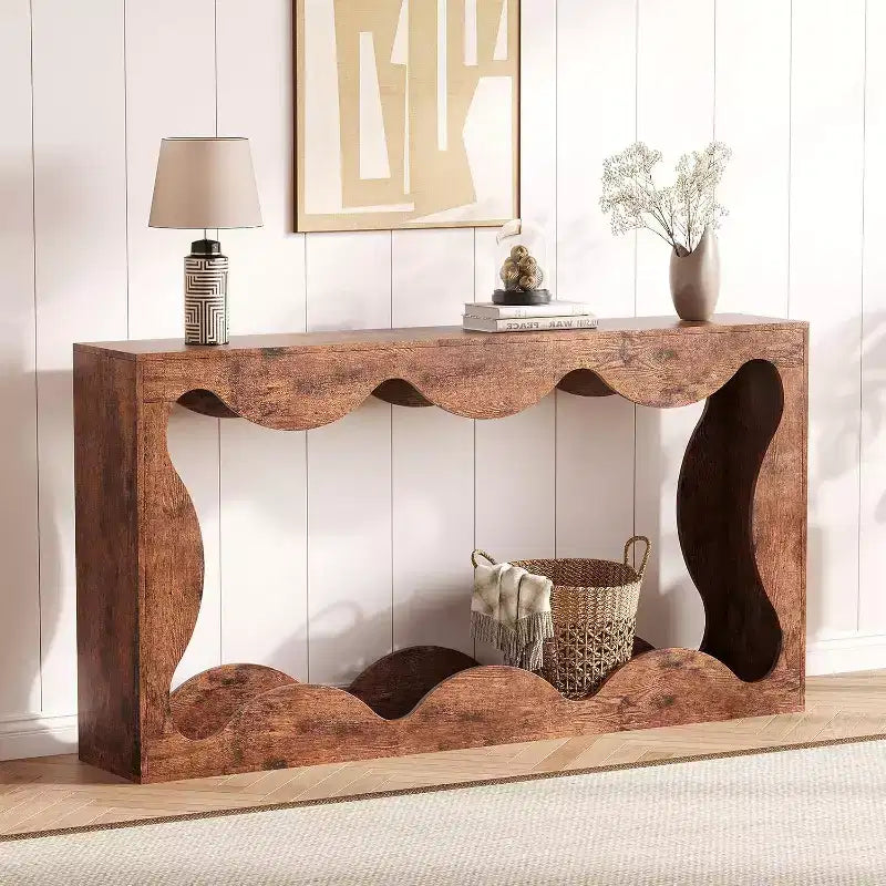 Console de Ferme, Table Basse de Canapé Mince Festonnée Naturelle avec Étagère de Rangement pour Entrée ou Salon
