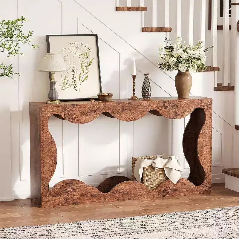 Console de Ferme, Table Basse de Canapé Mince Festonnée Naturelle avec Étagère de Rangement pour Entrée ou Salon