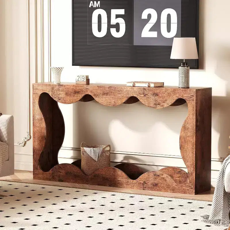 Console de Ferme, Table Basse de Canapé Mince Festonnée Naturelle avec Étagère de Rangement pour Entrée ou Salon