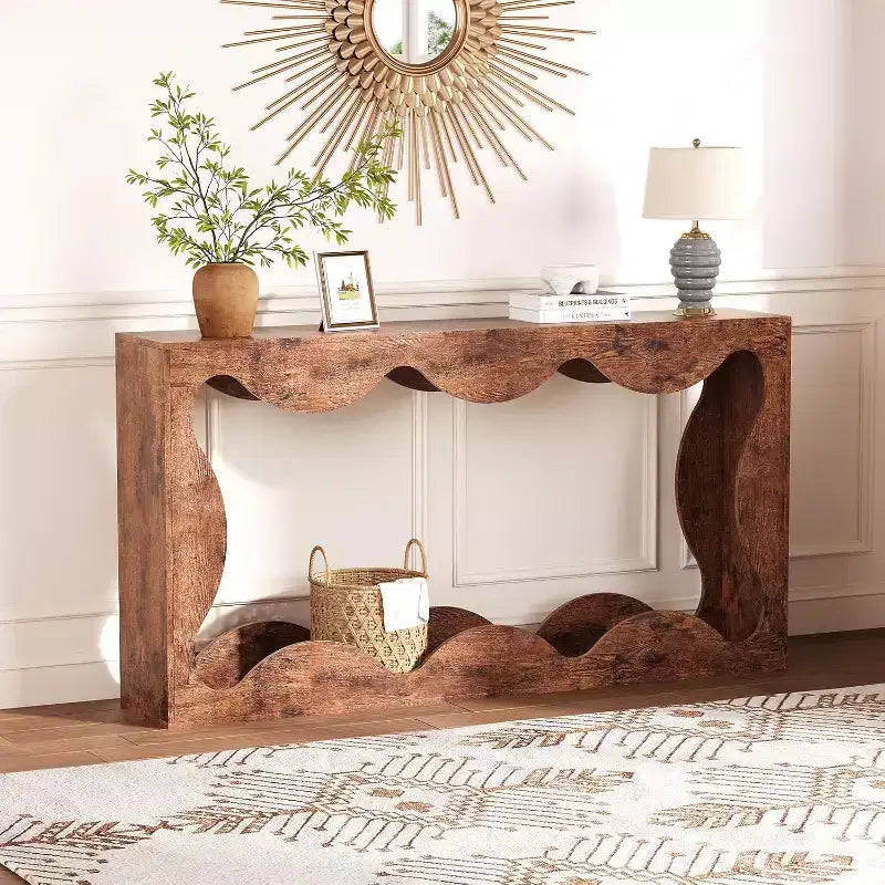 Console de Ferme, Table Basse de Canapé Mince Festonnée Naturelle avec Étagère de Rangement pour Entrée ou Salon