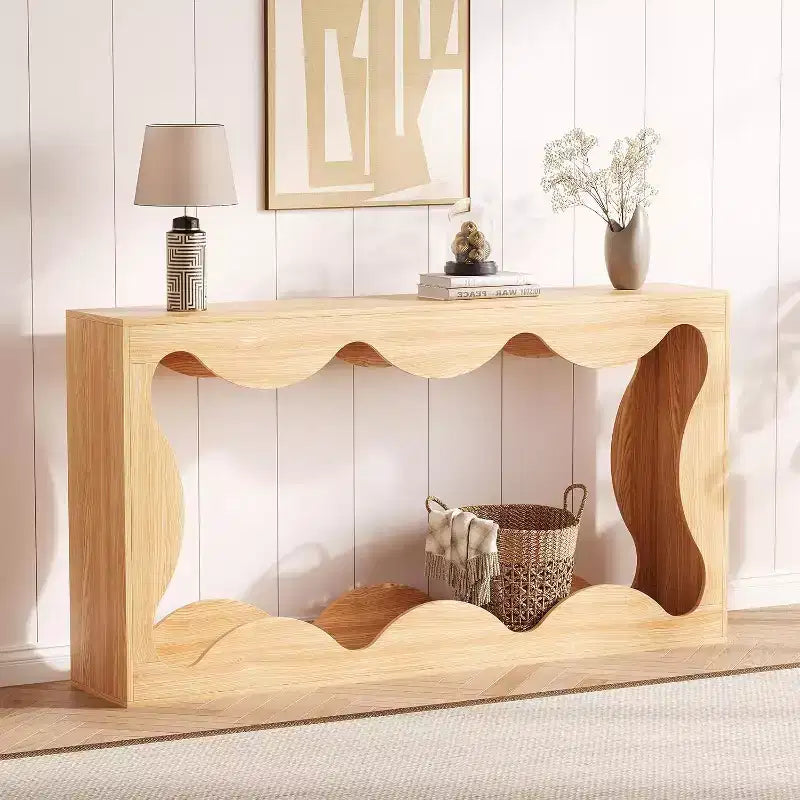 Console de Ferme, Table Basse de Canapé Mince Festonnée Naturelle avec Étagère de Rangement pour Entrée ou Salon