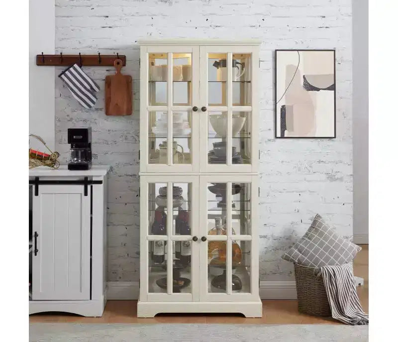 Lighted Curio CabinetGlass Display Case with Mirrored Back Panels, 4-Door Antique Collection Storage Stand and Bar for Dining Room