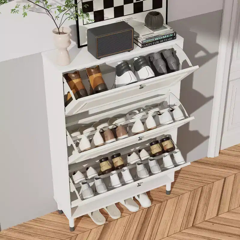 Meuble à chaussures d'entrée, meuble à chaussures étroit, meuble à chaussures avec 3 tiroirs basculants, meuble à chaussures autoportant avec pieds, meuble de rangement d'entrée Blanc