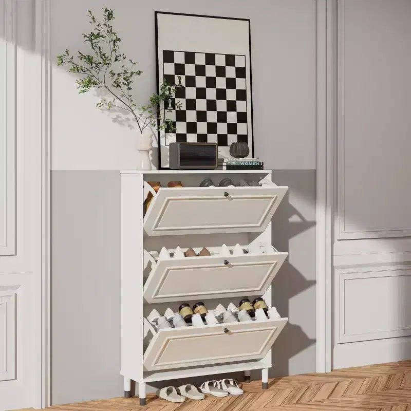 Meuble à chaussures d'entrée, meuble à chaussures étroit, meuble à chaussures avec 3 tiroirs basculants, meuble à chaussures autoportant avec pieds, meuble de rangement d'entrée Blanc