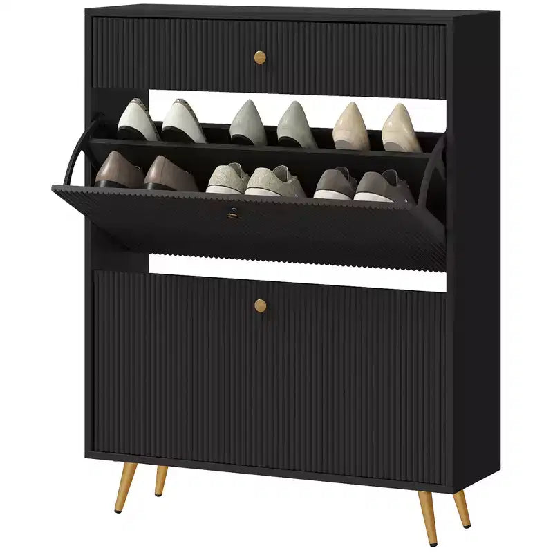 Narrow Shoe Storage Cabinet with Wave-like Panels and Adjustable Shelves for 12 Pairs of Shoes