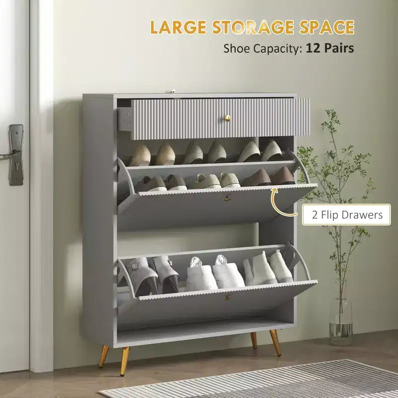 Meuble étroit pour chaussures avec panneaux ondulés et étagères réglables pour 12 paires de chaussures