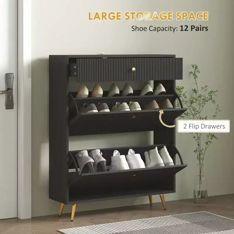 Meuble étroit pour chaussures avec panneaux ondulés et étagères réglables pour 12 paires de chaussures