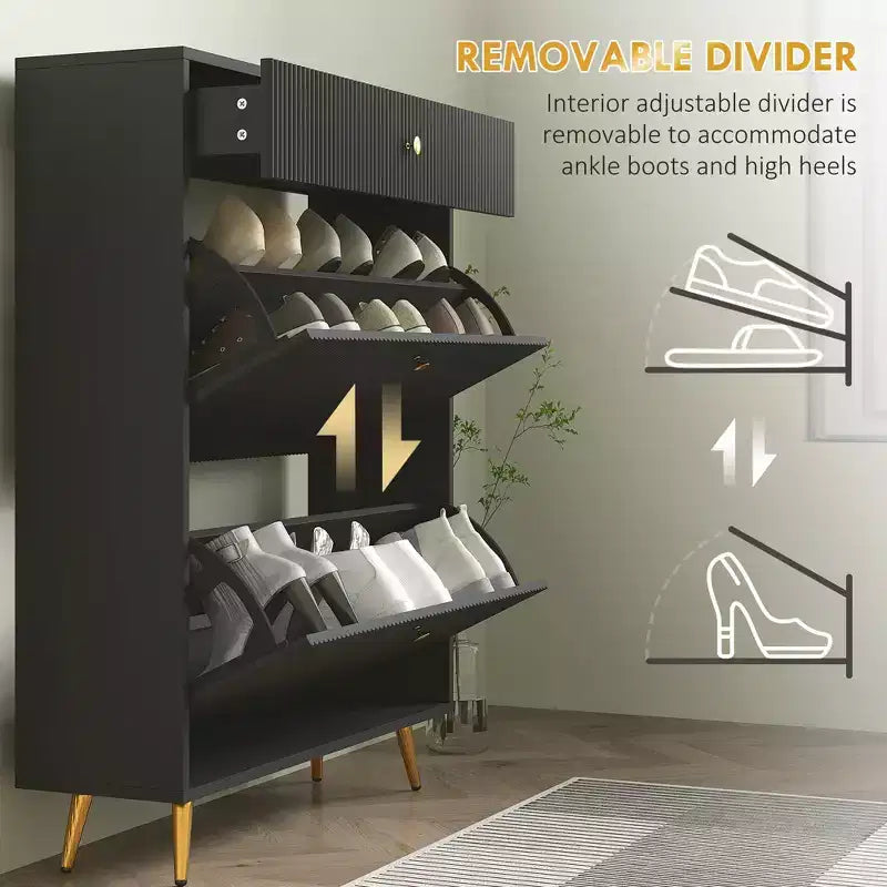Meuble étroit pour chaussures avec panneaux ondulés et étagères réglables pour 12 paires de chaussures