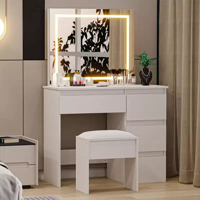 Acekool Makeup Vanity Desk with Lighted Mirror, Power Outlet, Stool, and 4 Drawers, Large Vanity Table for Bedroom or Dressing Room