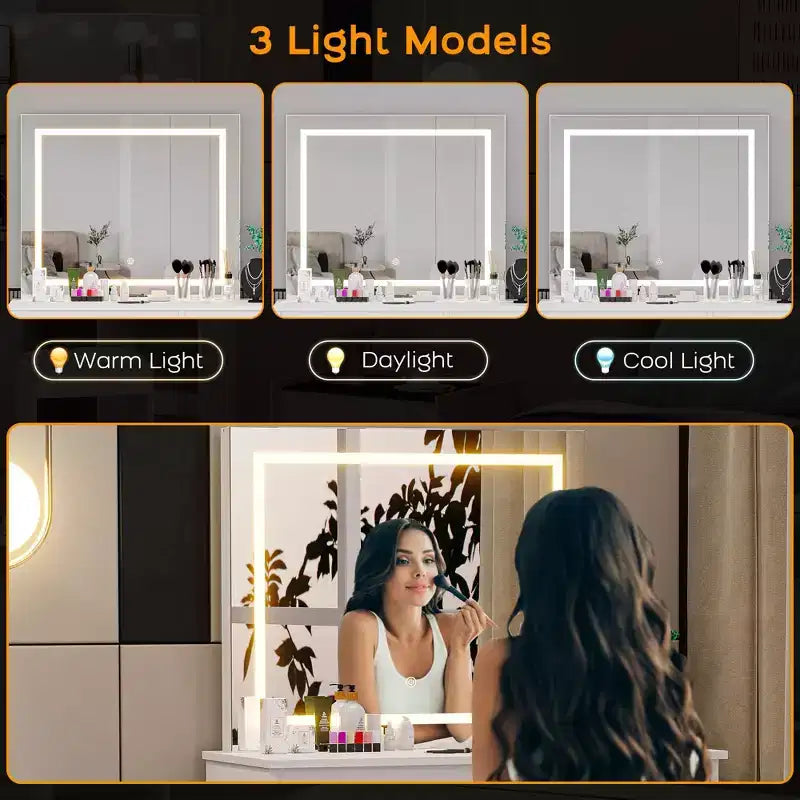 Coiffeuse de maquillage avec miroir éclairé, prise de courant, tabouret et 4 tiroirs, grande table de maquillage pour chambre à coucher ou dressing