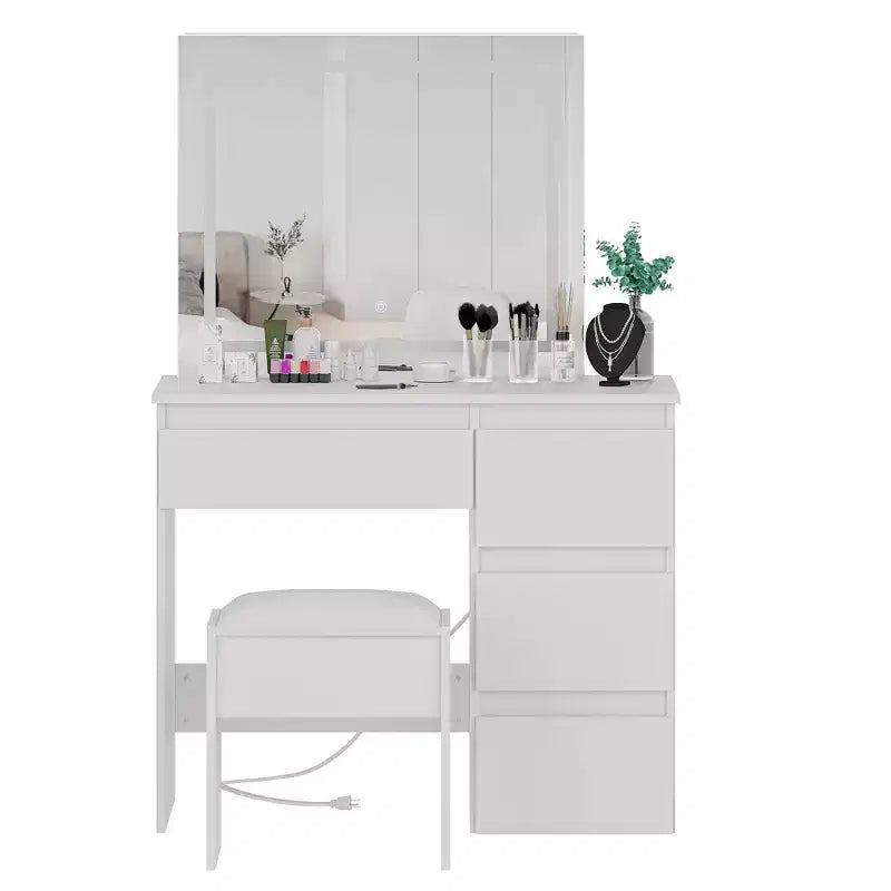 Coiffeuse de maquillage avec miroir éclairé, prise de courant, tabouret et 4 tiroirs, grande table de maquillage pour chambre à coucher ou dressing