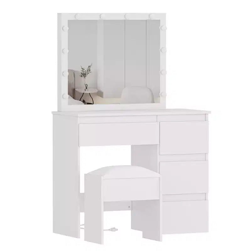 Coiffeuse de maquillage avec miroir éclairé, prise de courant, tabouret et 4 tiroirs, grande table de maquillage pour chambre à coucher ou dressing