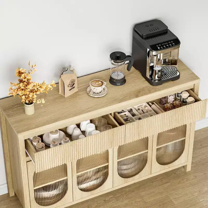 Buffet cannelé avec rangement, Buffet 140 cm avec 2 tiroirs Meuble de rangement de cuisine avec 4 portes vitrées Table buffet Bar à café