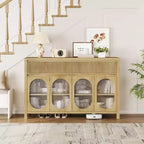 Buffet cannelé avec rangement, Buffet 140 cm avec 2 tiroirs Meuble de rangement de cuisine avec 4 portes vitrées Table buffet Bar à café