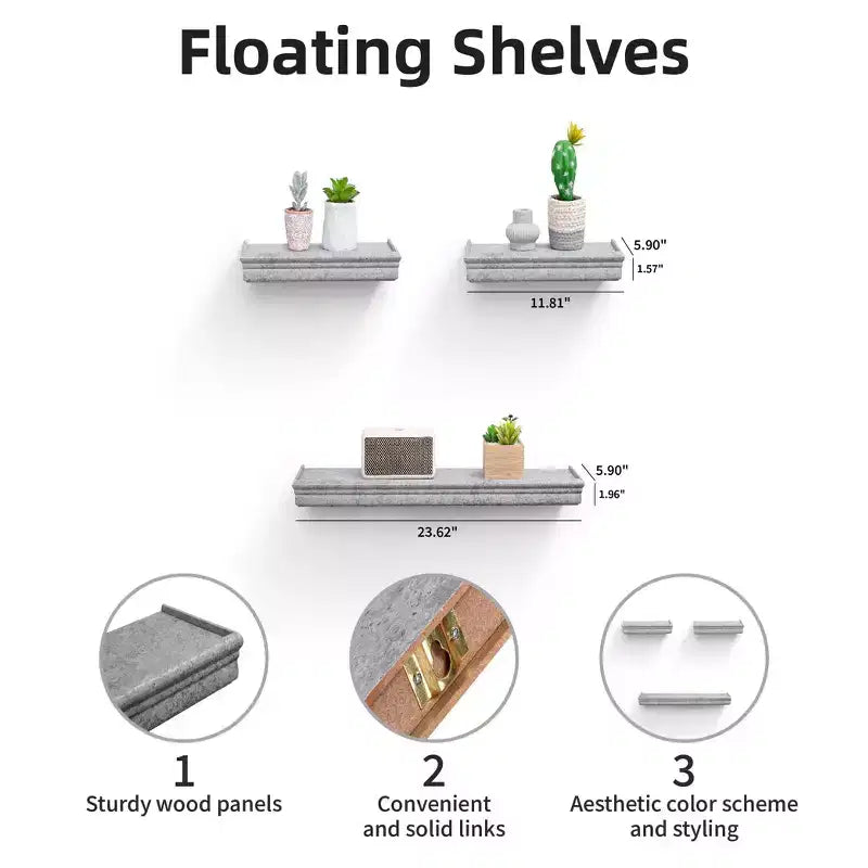 Étagère flottante grise de 59,9 cm avec support invisible, fixation murale en bois, parfaite pour la décoration de salle de bain/chambre/cuisine ou pour exposer des livres/plantes, installation facile.