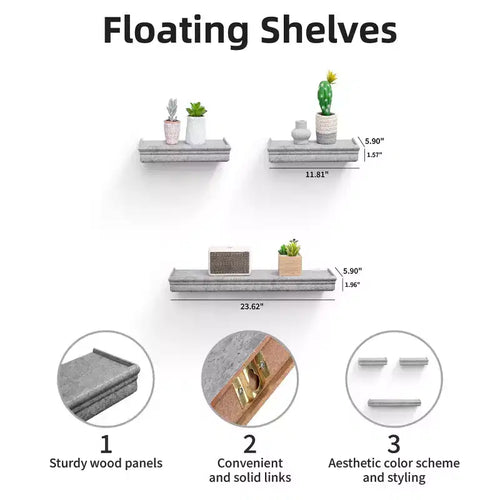 Étagère flottante grise de 59,9 cm avec support invisible, fixation murale en bois, parfaite pour la décoration de salle de bain/chambre/cuisine ou pour exposer des livres/plantes, installation facile.