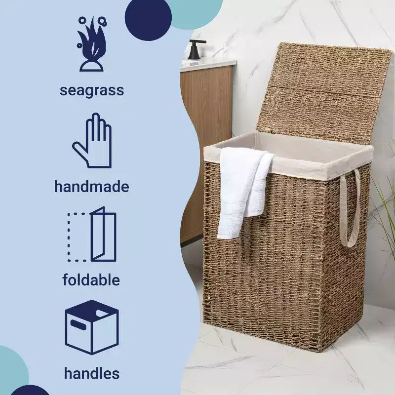 Panier à Linge en Jonc de Mer Tressé Bohème Reed Coastal avec Couvercle et Doublure Amovible
