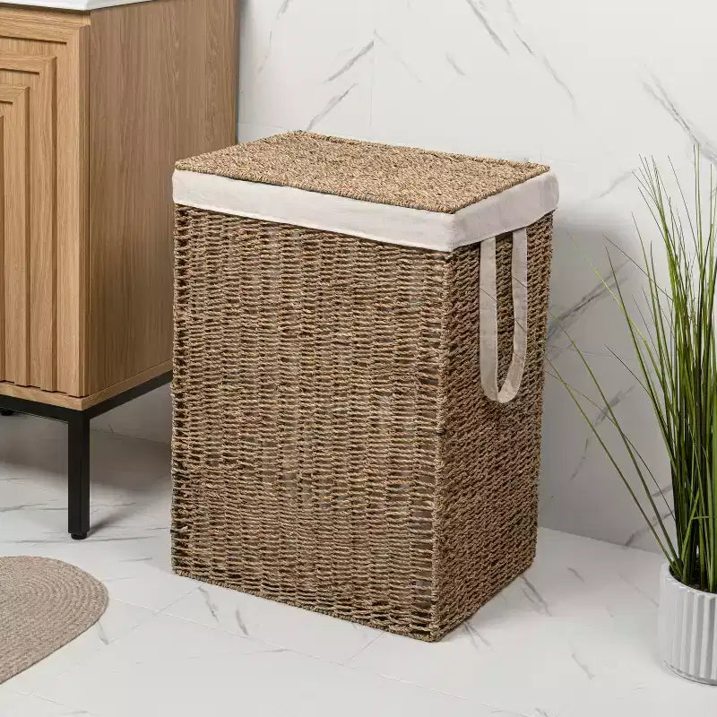 Panier à Linge en Jonc de Mer Tressé Bohème Reed Coastal avec Couvercle et Doublure Amovible