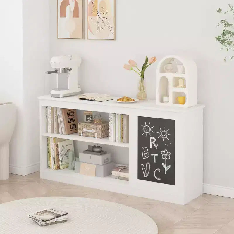 Étagère à livres et meuble de rangement 3-en-1 pour enfants avec tableau noir, organisateur moderne blanc pour salle de jeux