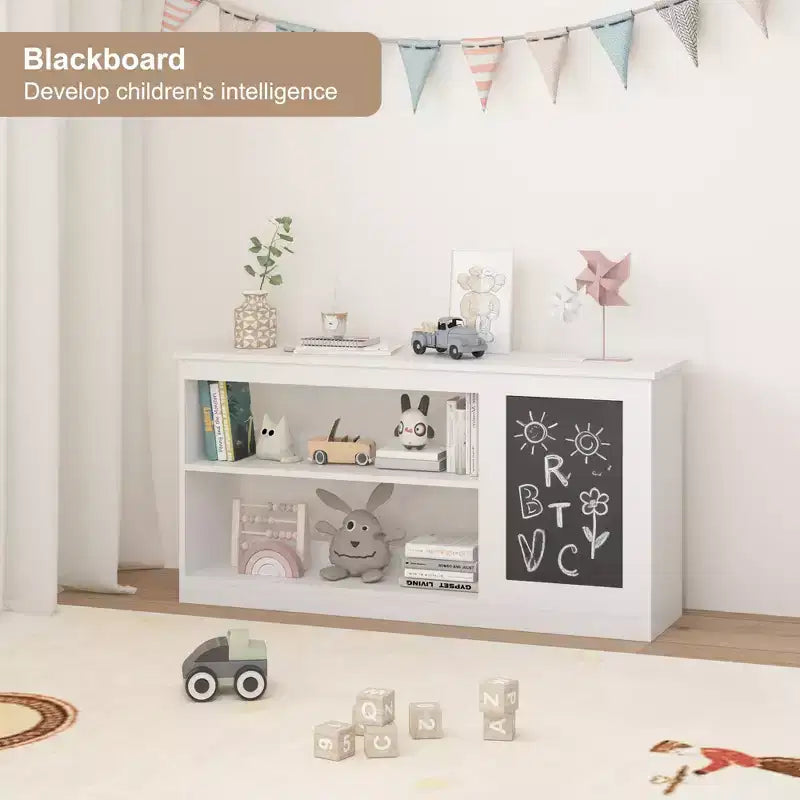 Étagère à livres et meuble de rangement 3-en-1 pour enfants avec tableau noir, organisateur moderne blanc pour salle de jeux