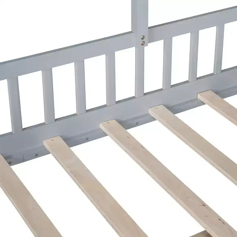 Lit cabane pour jumeaux, lit plateforme pour enfants avec canapé, deux tiroirs et étagère de rangement