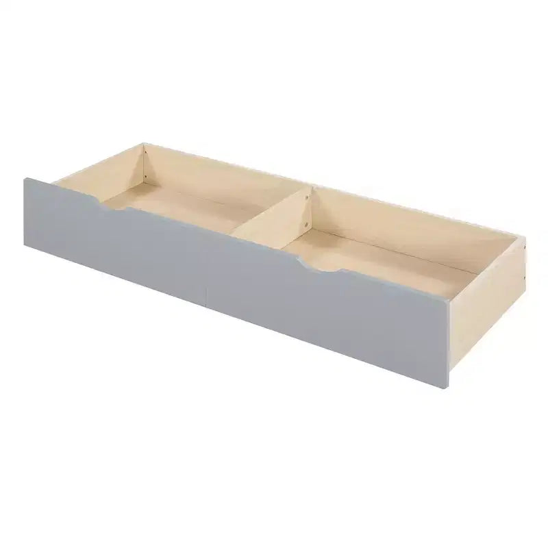Lit cabane pour jumeaux, lit plateforme pour enfants avec canapé, deux tiroirs et étagère de rangement