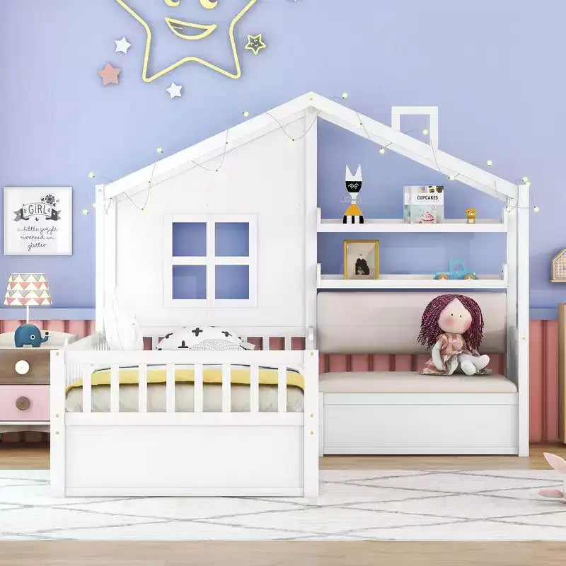 Lit cabane pour jumeaux, lit plateforme pour enfants avec canapé, deux tiroirs et étagère de rangement