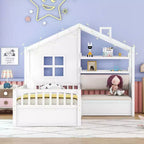 Lit cabane pour jumeaux, lit plateforme pour enfants avec canapé, deux tiroirs et étagère de rangement