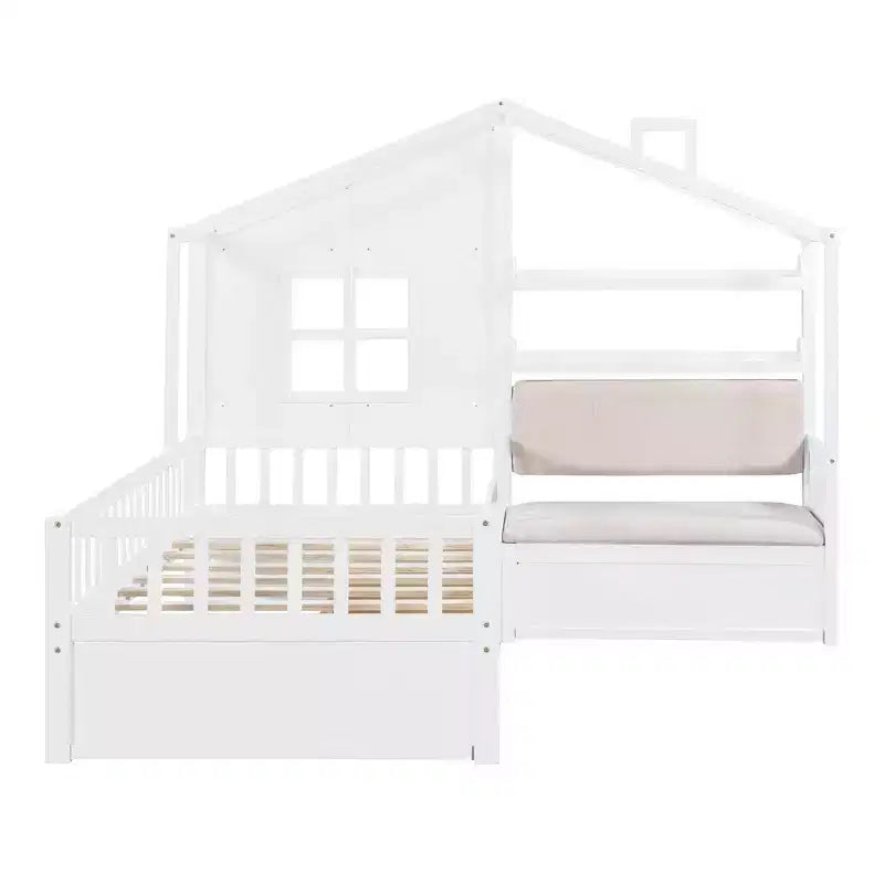 Lit cabane pour jumeaux, lit plateforme pour enfants avec canapé, deux tiroirs et étagère de rangement