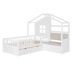 Lit cabane pour jumeaux, lit plateforme pour enfants avec canapé, deux tiroirs et étagère de rangement