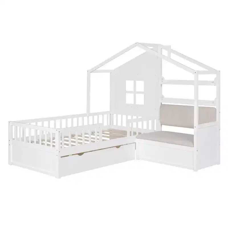 Lit cabane pour jumeaux, lit plateforme pour enfants avec canapé, deux tiroirs et étagère de rangement