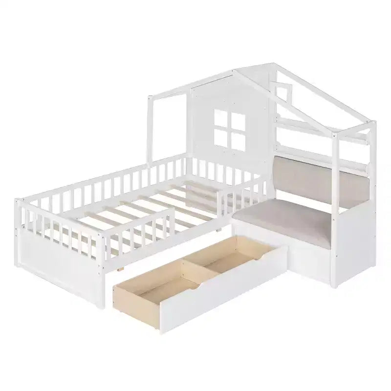 Lit cabane pour jumeaux, lit plateforme pour enfants avec canapé, deux tiroirs et étagère de rangement