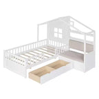 Lit cabane pour jumeaux, lit plateforme pour enfants avec canapé, deux tiroirs et étagère de rangement