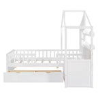 Lit cabane pour jumeaux, lit plateforme pour enfants avec canapé, deux tiroirs et étagère de rangement