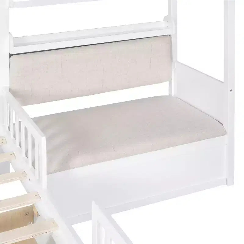 Lit cabane pour jumeaux, lit plateforme pour enfants avec canapé, deux tiroirs et étagère de rangement