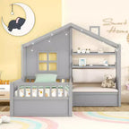 Lit cabane pour jumeaux, lit plateforme pour enfants avec canapé, deux tiroirs et étagère de rangement