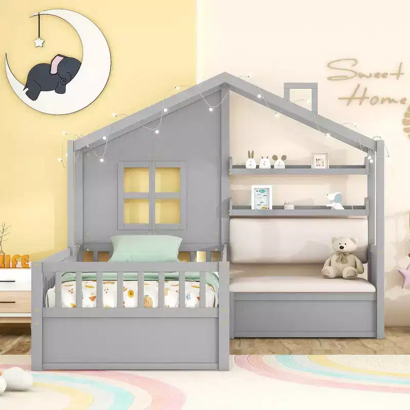 Lit cabane pour jumeaux, lit plateforme pour enfants avec canapé, deux tiroirs et étagère de rangement
