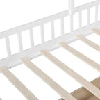 Lit cabane pour jumeaux, lit plateforme pour enfants avec canapé, deux tiroirs et étagère de rangement