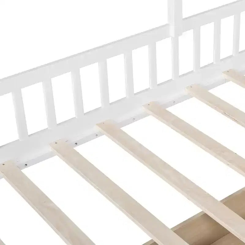 Lit cabane pour jumeaux, lit plateforme pour enfants avec canapé, deux tiroirs et étagère de rangement