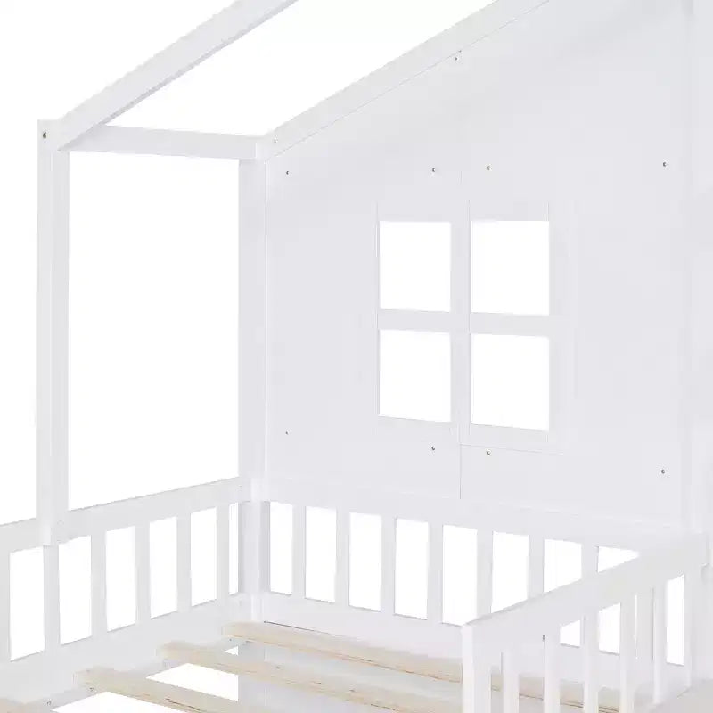 Lit cabane pour jumeaux, lit plateforme pour enfants avec canapé, deux tiroirs et étagère de rangement
