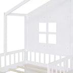 Lit cabane pour jumeaux, lit plateforme pour enfants avec canapé, deux tiroirs et étagère de rangement