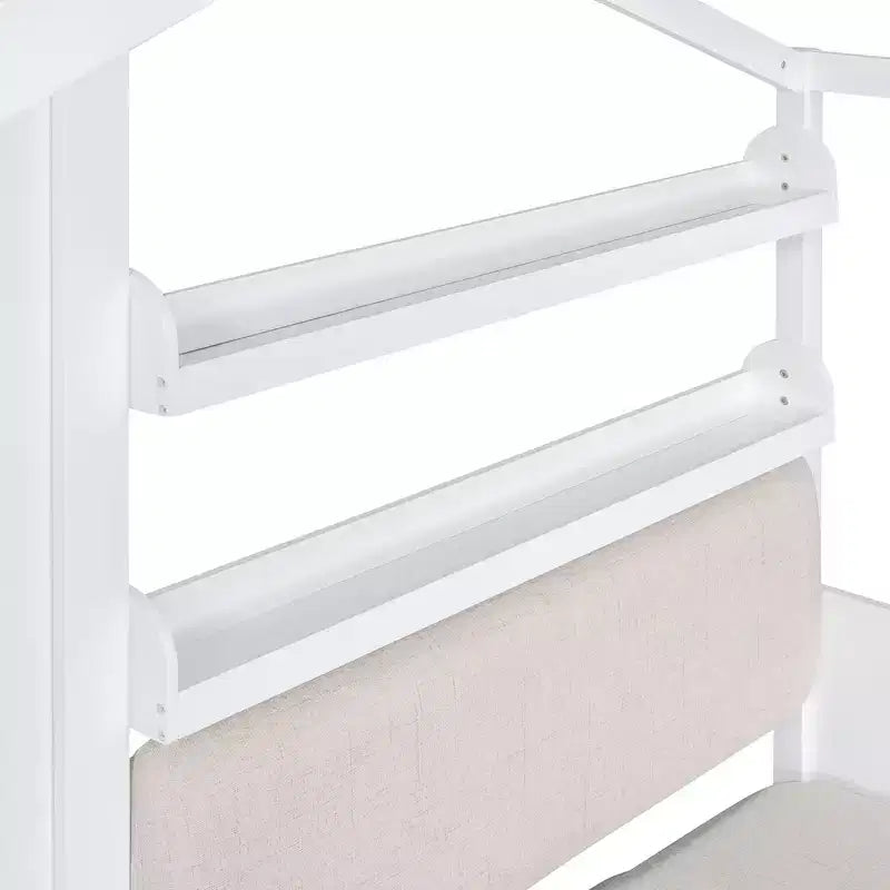 Lit cabane pour jumeaux, lit plateforme pour enfants avec canapé, deux tiroirs et étagère de rangement