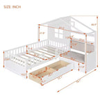 Lit cabane pour jumeaux, lit plateforme pour enfants avec canapé, deux tiroirs et étagère de rangement