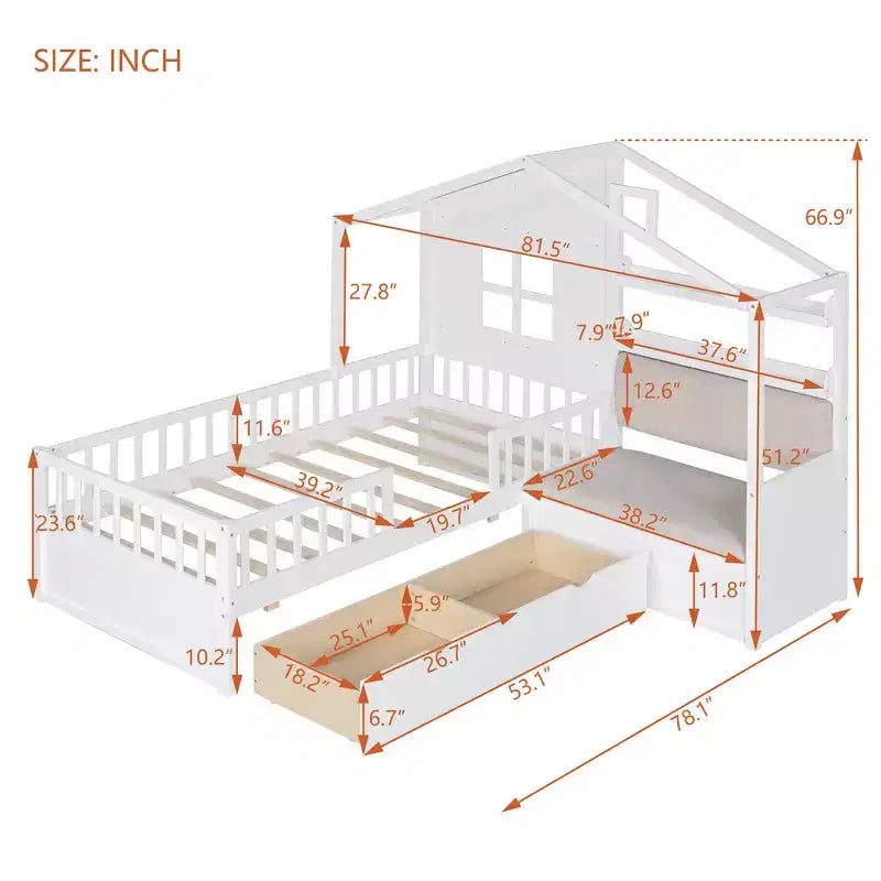 Lit cabane pour jumeaux, lit plateforme pour enfants avec canapé, deux tiroirs et étagère de rangement