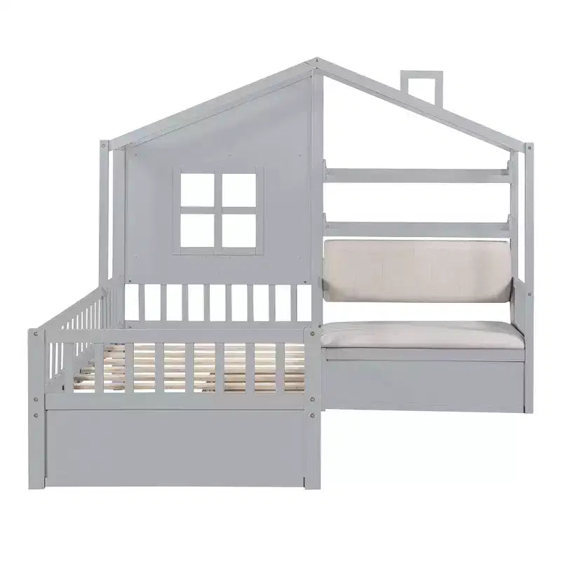 Lit cabane pour jumeaux, lit plateforme pour enfants avec canapé, deux tiroirs et étagère de rangement
