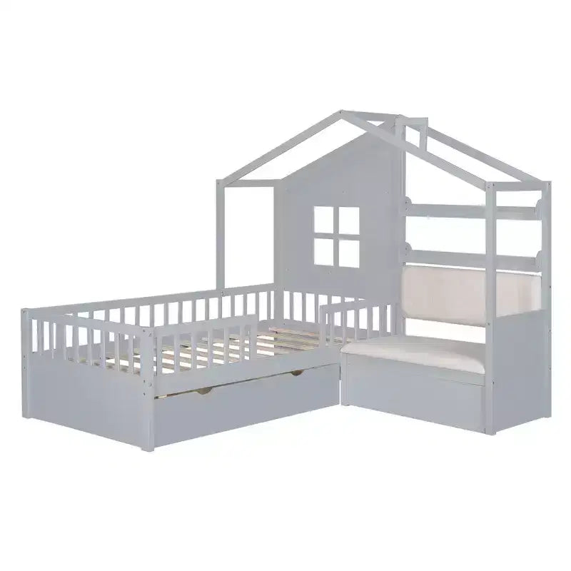 Lit cabane pour jumeaux, lit plateforme pour enfants avec canapé, deux tiroirs et étagère de rangement