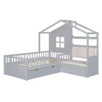 Lit cabane pour jumeaux, lit plateforme pour enfants avec canapé, deux tiroirs et étagère de rangement