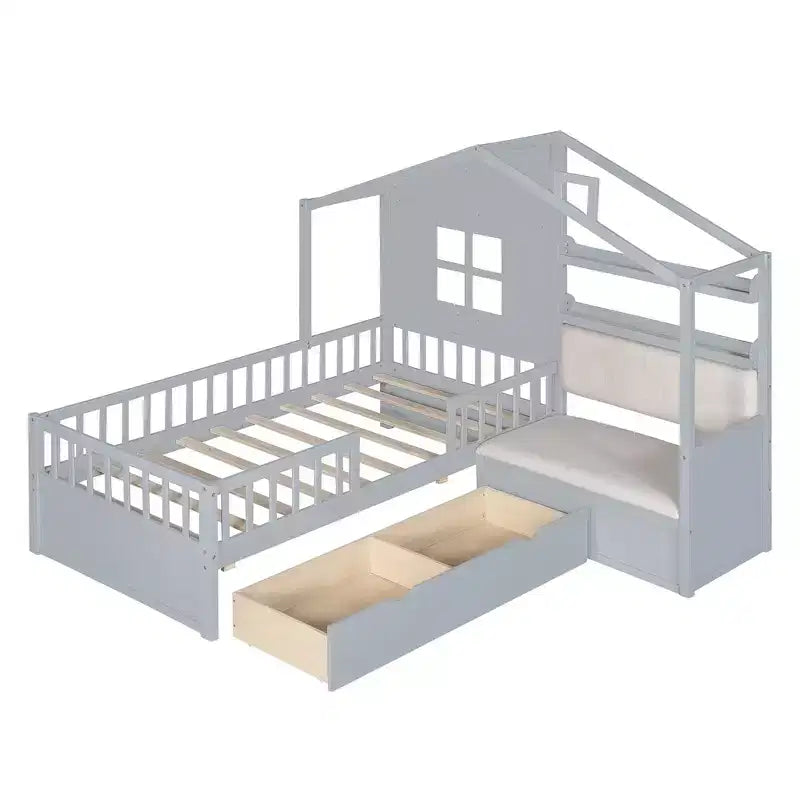 Lit cabane pour jumeaux, lit plateforme pour enfants avec canapé, deux tiroirs et étagère de rangement
