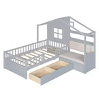Lit cabane pour jumeaux, lit plateforme pour enfants avec canapé, deux tiroirs et étagère de rangement