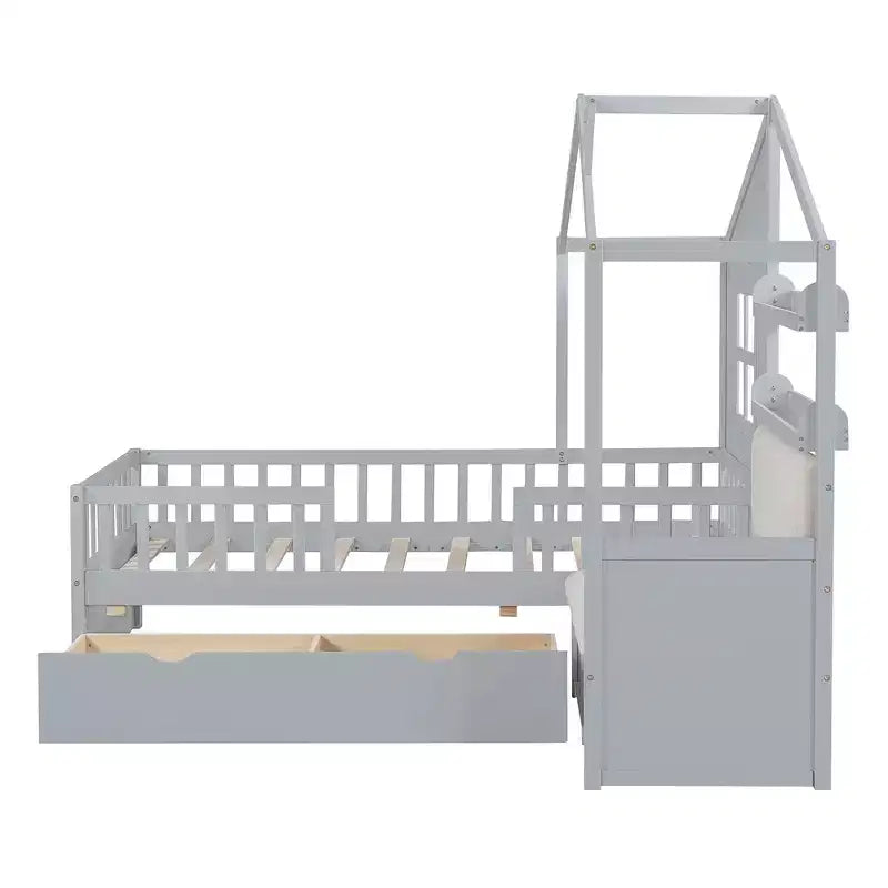 Lit cabane pour jumeaux, lit plateforme pour enfants avec canapé, deux tiroirs et étagère de rangement
